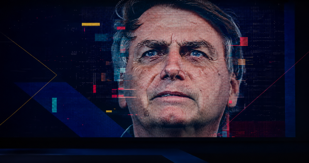 Representação digital do rosto de Jair Bolsonaro em um painel de LED, com distorções que remetem ao uso de inteligência artificial.
