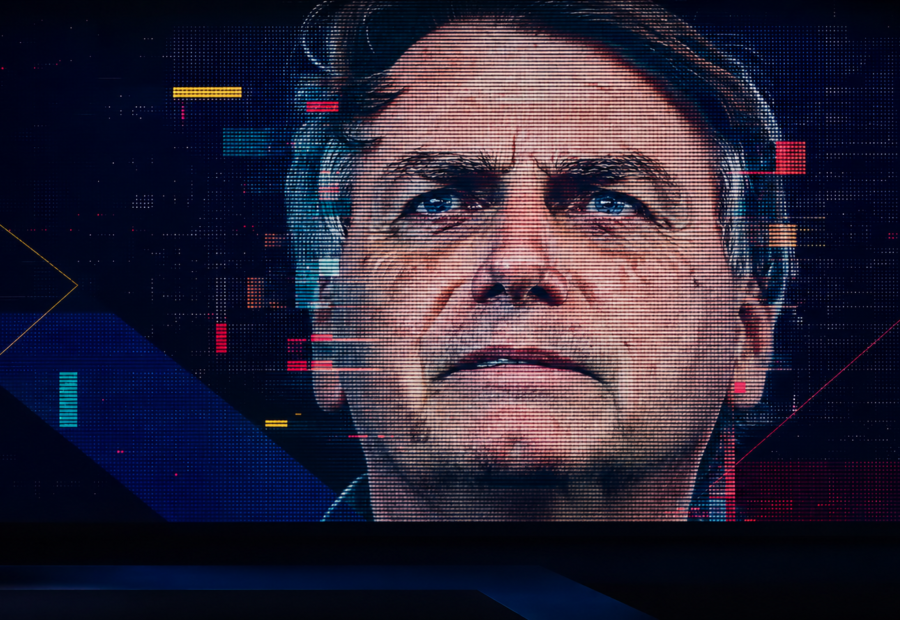 Representação digital do rosto de Jair Bolsonaro em um painel de LED, com distorções que remetem ao uso de inteligência artificial.