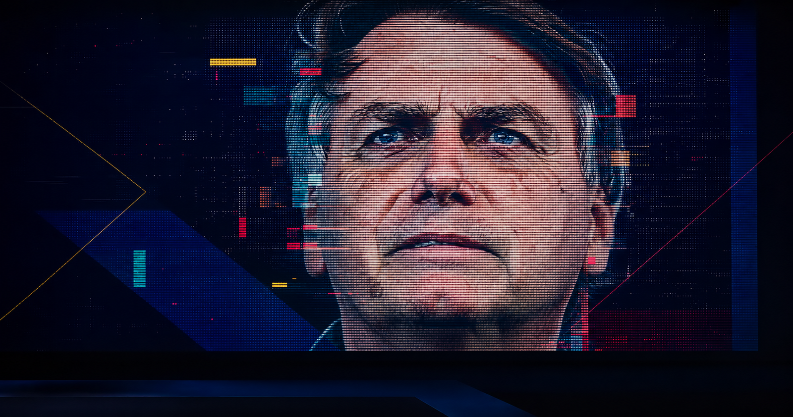 Representação digital do rosto de Jair Bolsonaro em um painel de LED, com distorções que remetem ao uso de inteligência artificial.